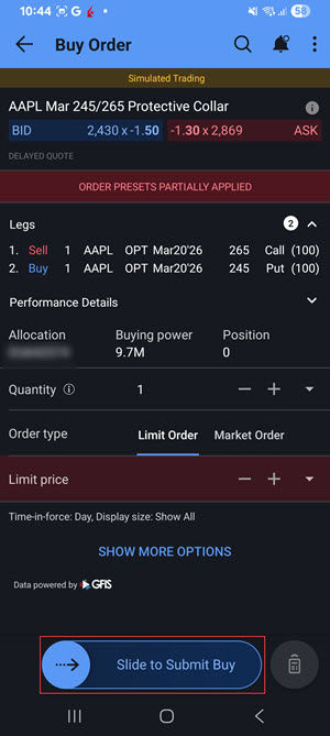 The protect a position buy order on the android phone. 